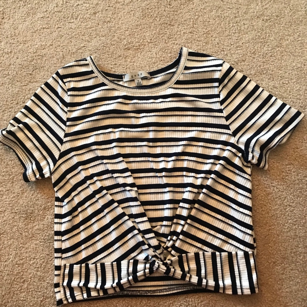 Front Knot Blue, White, and Gray Stripped Crop Top